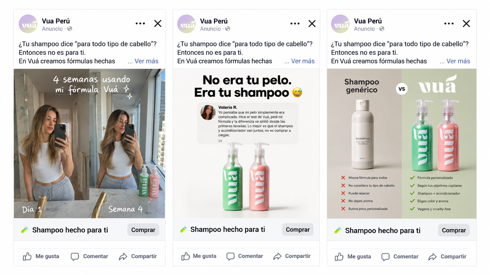Vuá Meta ad creatives showing personalized haircare hooks and a generic-shampoo comparison