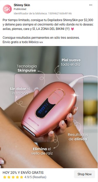 ShinnySkin benefits ad pointing out product features like Skinpulse technology and smooth skin results