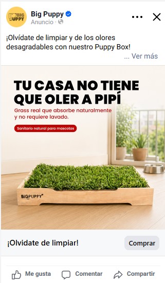 Big Puppy static ad showing the natural grass pet sanitary box with a clean-home message