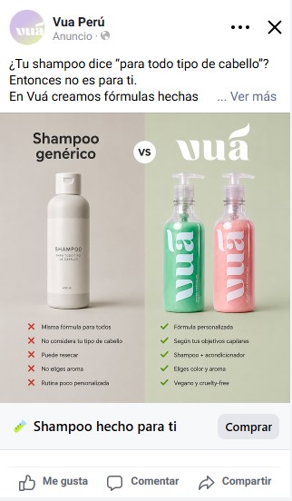 Vuá Us vs Them ad comparing generic shampoo to personalized Vuá haircare formulas