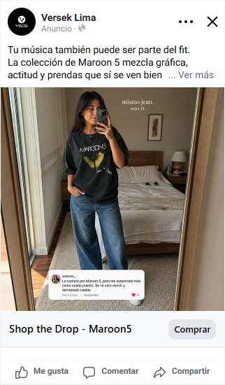 Versek Instagram native ad styled as an outfit-of-the-day post featuring Maroon 5 merchandise